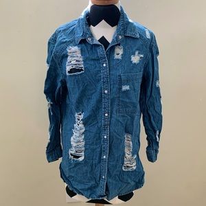 Boohoo Denim Distressed Longline Denim Jacket